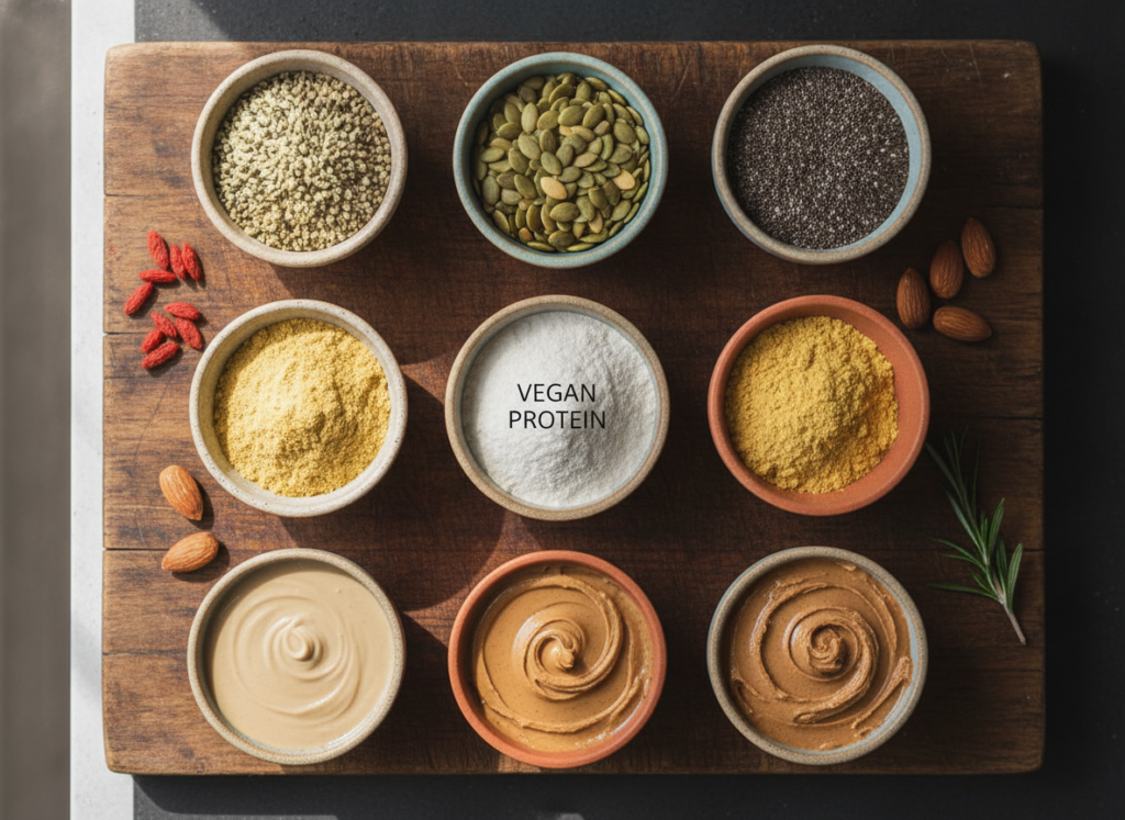 various vegan protein boosters arranged on a wooden board