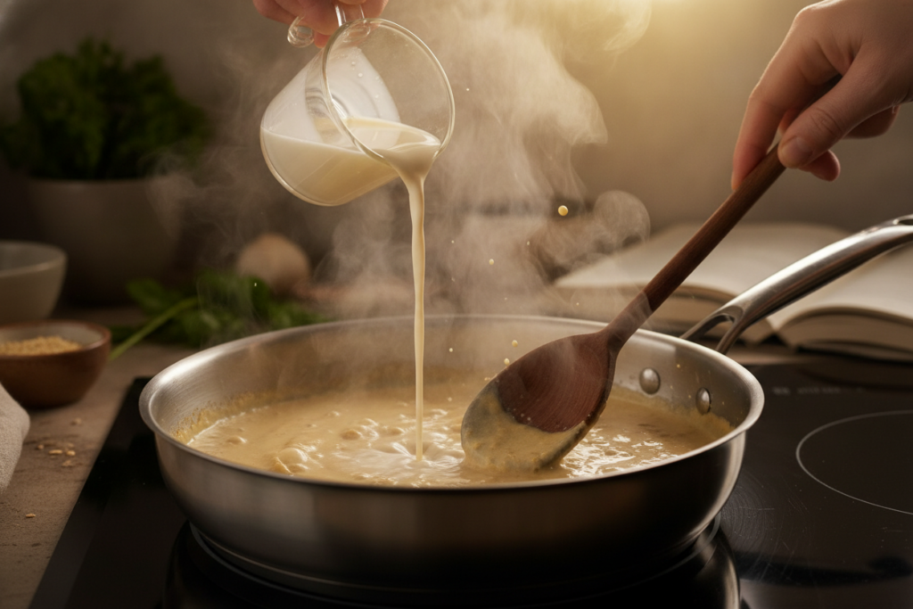 vegan alfredo sauce being adjusted with additional oat milk for consistency vegan alfredo sauce being adjusted with additional oat milk for consistency