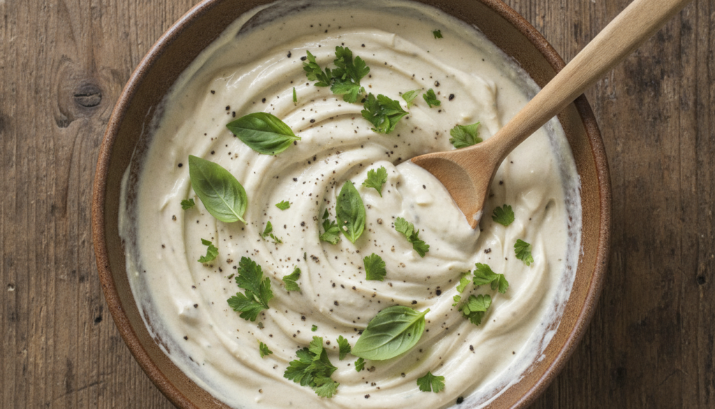 vegan alfredo sauce with herbs and spices mixed in serving bowl vegan alfredo sauce with herbs and spices mixed in serving bowl