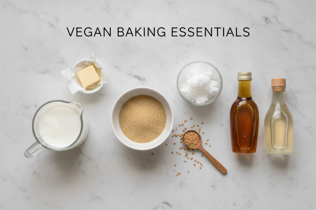 vegan baking substitutes including flax eggs coconut oil and plant-based butter arranged on counter