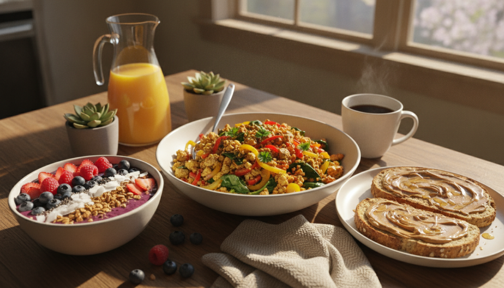 vegan breakfast spread with tofu scramble and protein smoothie vegan breakfast spread with tofu scramble and protein smoothie