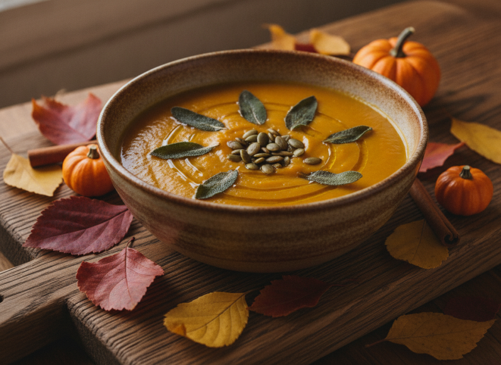 vegan butternut squash soup in rustic bowl with sage garnish