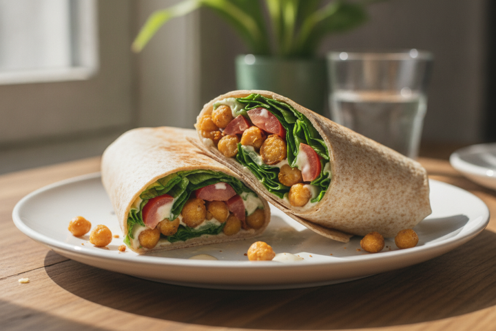 vegan caesar wrap with chickpeas and romaine lettuce