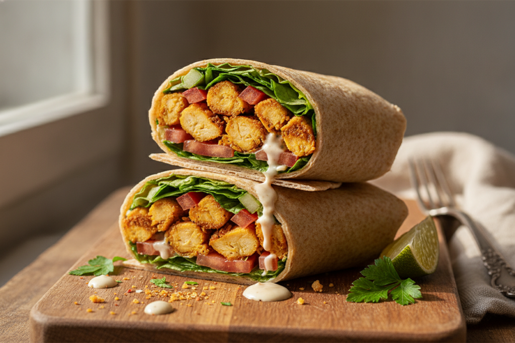 vegan chicken wrap with chickpea strips and fresh vegetables