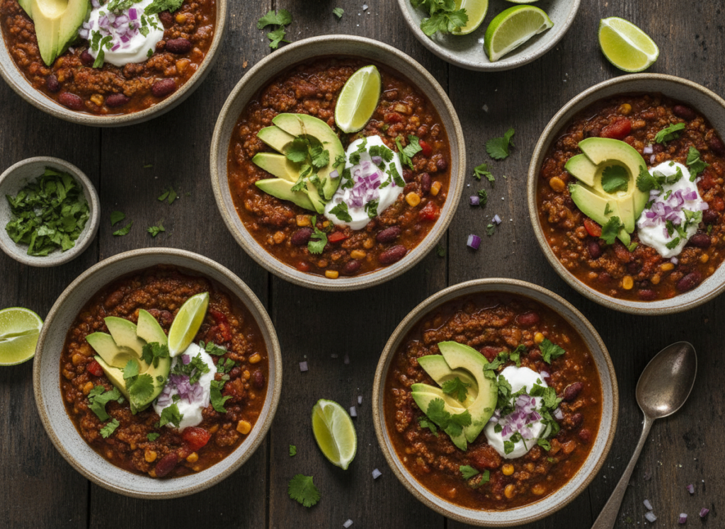 vegan chili bowls with various toppings including sour cream avocado and cilantro
