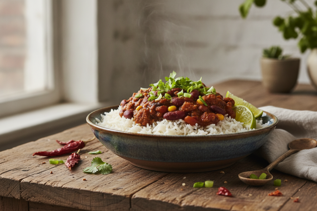 vegan chili served over rice in bowl with garnishes