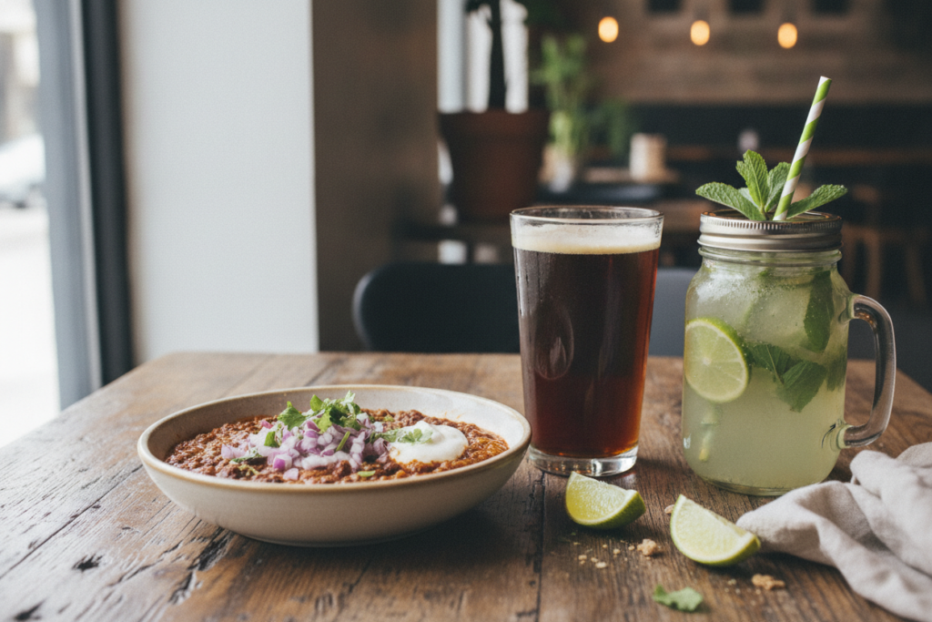 vegan chili served with complementary beverages