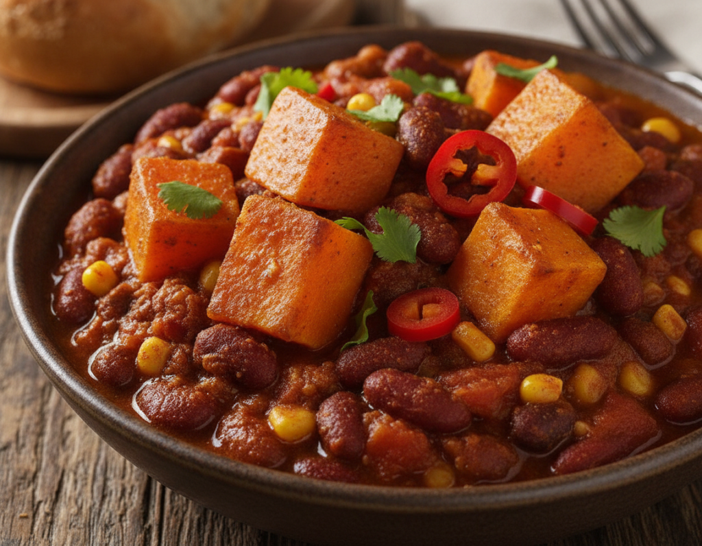 vegan chili with butternut squash chunks