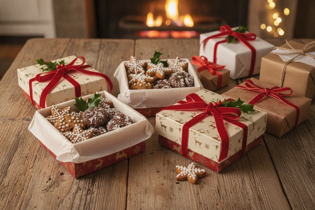 vegan christmas cookies arranged in decorative gift boxes with festive ribbon