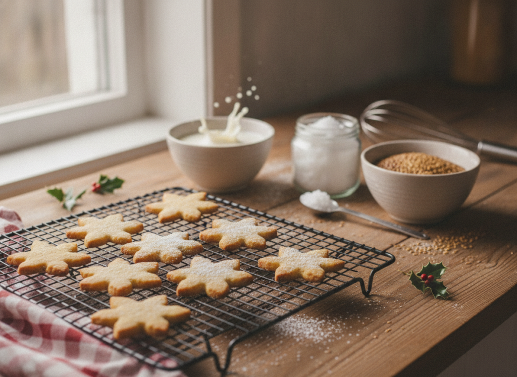 vegan christmas cookies cooling on wire rack with plant-based ingredients displayed nearby