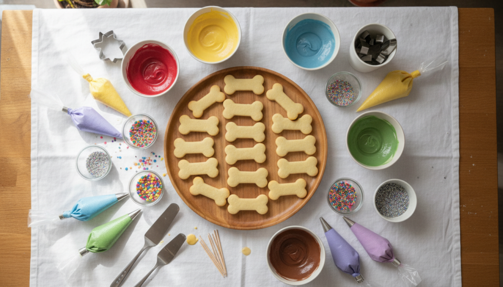 vegan cookie decorating station with royal icing in various colors and piping bags