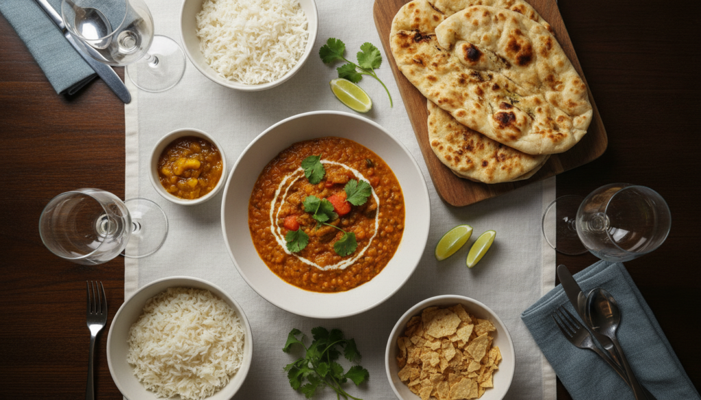 vegan curry served with various accompaniments including rice, naan, and fresh garnishes vegan curry served with various accompaniments including rice, naan, and fresh garnishes