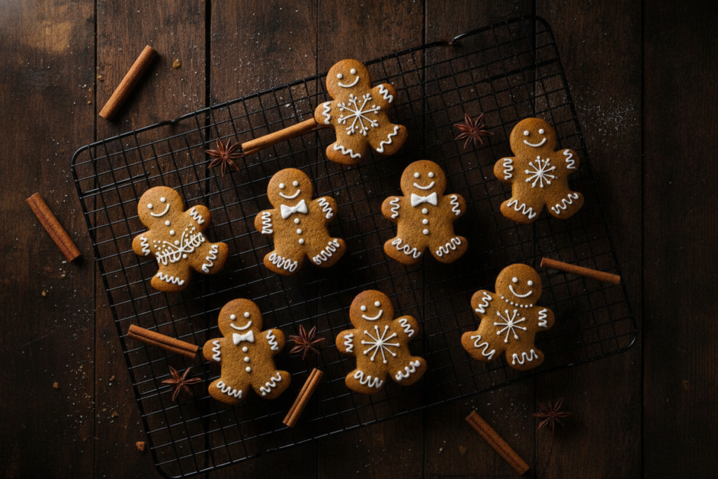 vegan gingerbread man cookies decorated with white icing on cooling rack