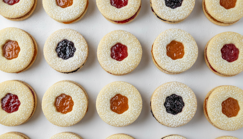 vegan jam sandwich cookies showing layers with various fruit preserves