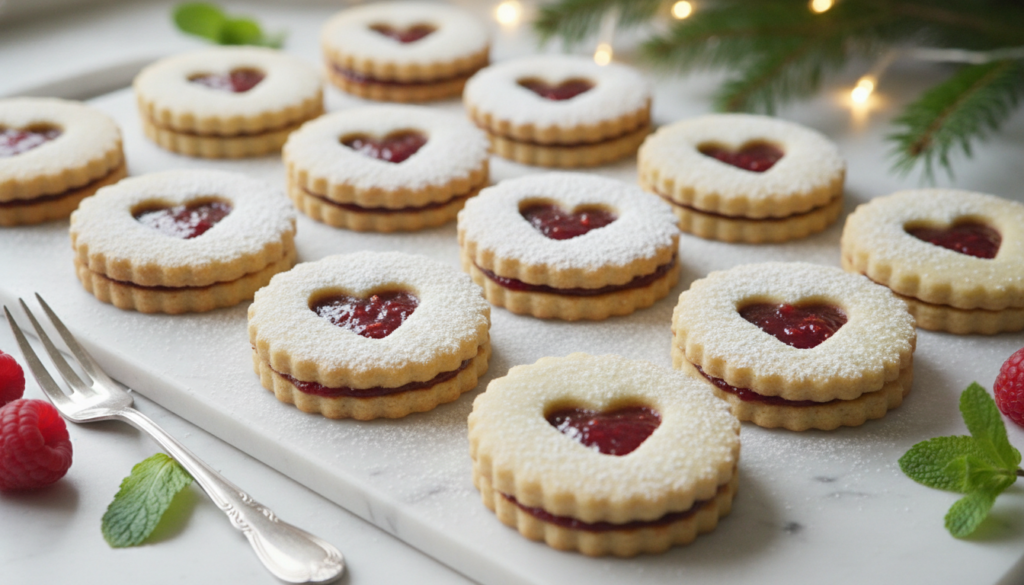 vegan linzer cookies showing jam center through decorative cutout window dusted with powdered sugar