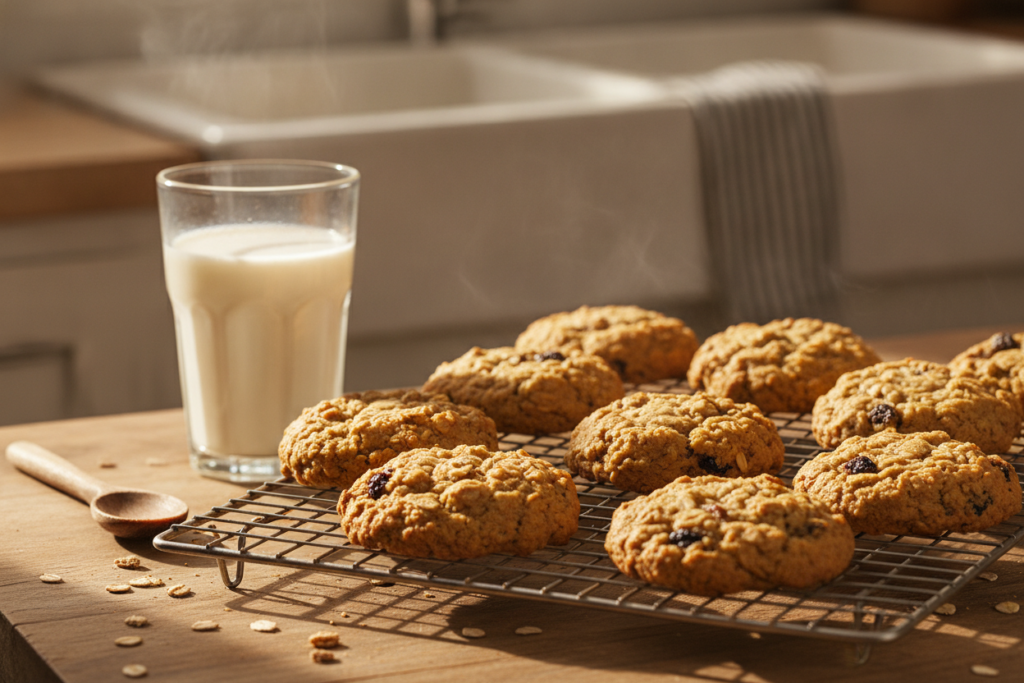 vegan oatmeal raisin cookies showing chewy texture with visible oats and plump raisins