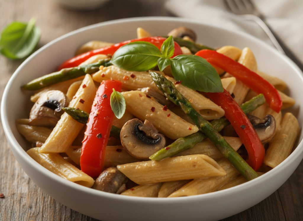 vegan pasta dish with fresh vegetables and herbs in modern bowl