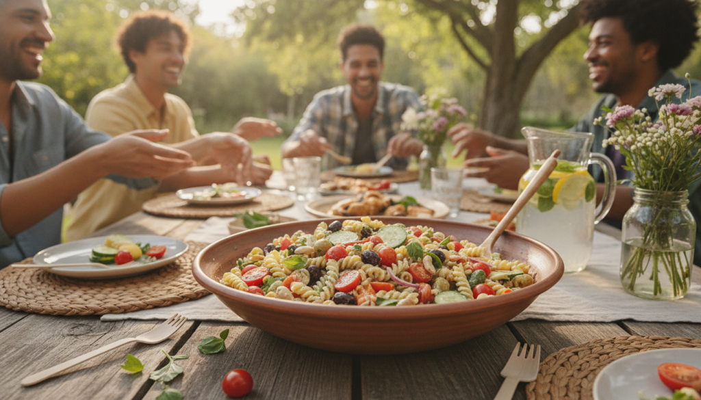 vegan pasta salad served at outdoor summer gathering vegan pasta salad served at outdoor summer gathering