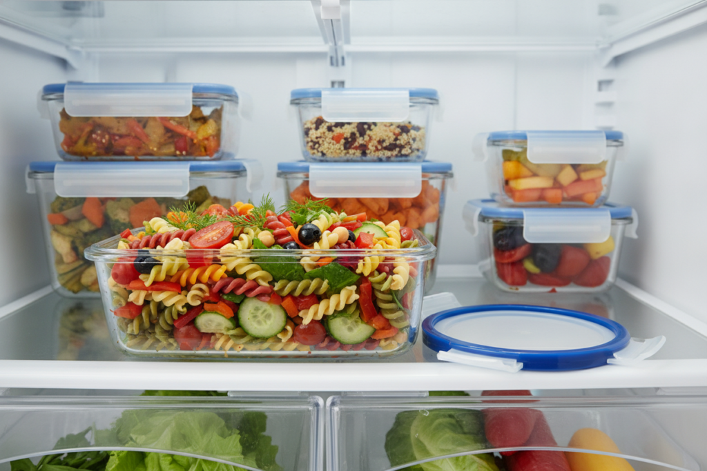 vegan pasta salad stored in airtight glass container vegan pasta salad stored in airtight glass container
