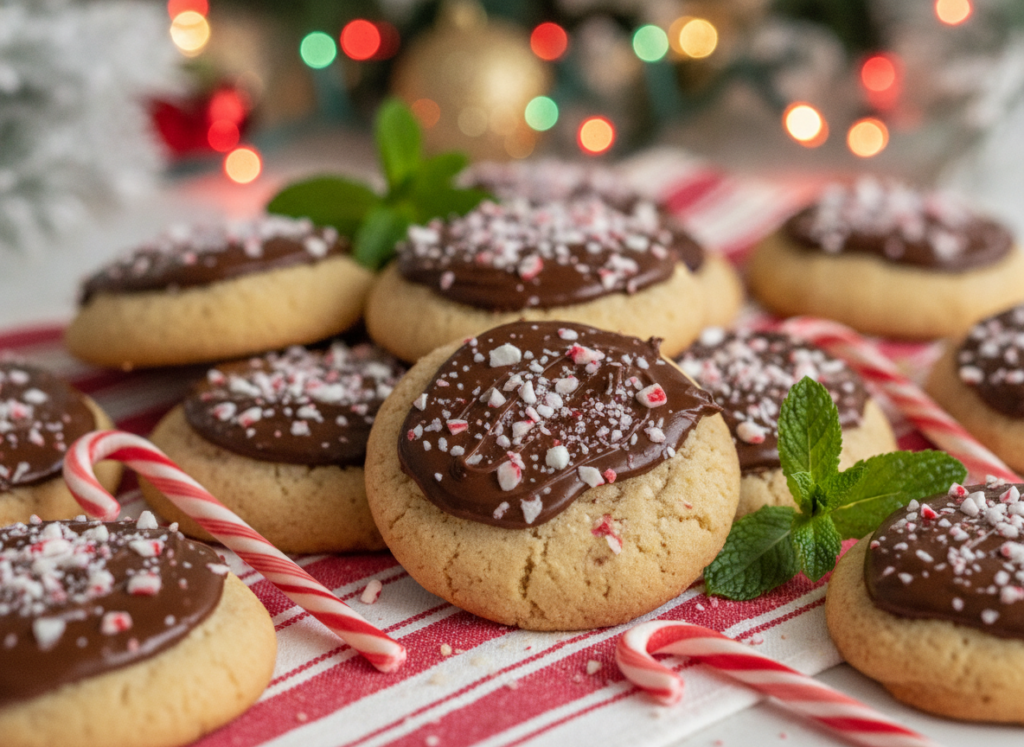 vegan peppermint cookies with crushed candy cane topping and chocolate drizzle
