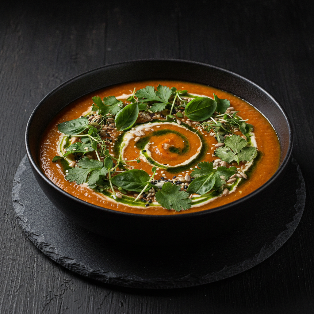 vegan soup garnished with fresh herbs and toppings