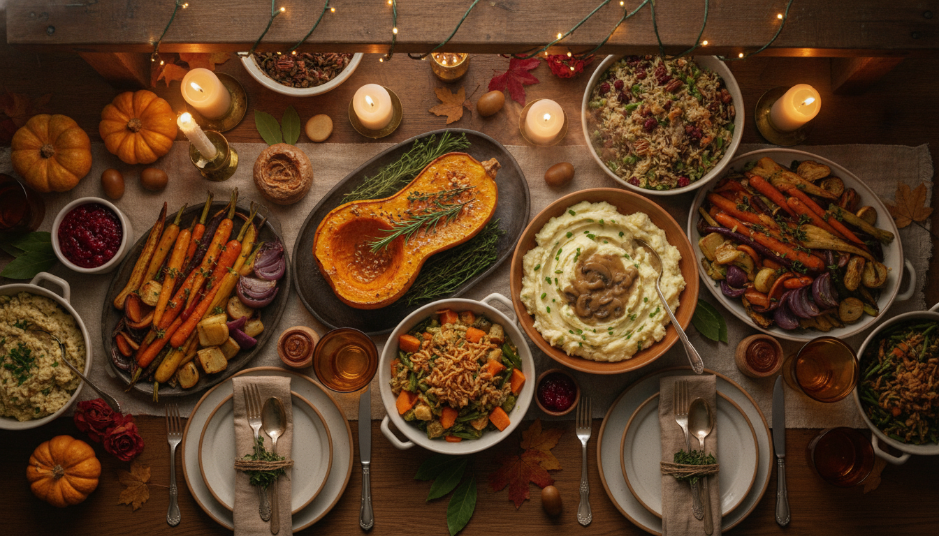 vegan thanksgiving table spread with roasted butternut squash, mashed potatoes and festive fall decorations