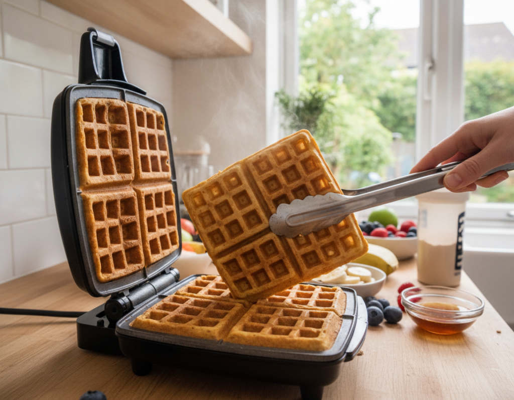 waffle maker with freshly cooked vegan protein waffle