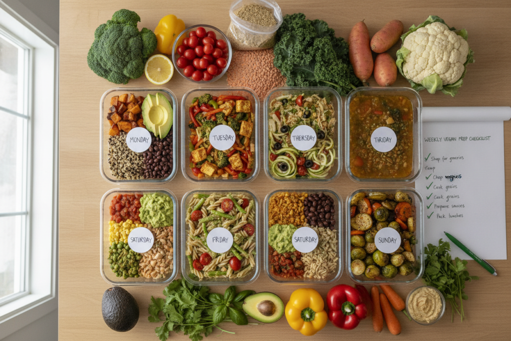 weekly meal prep containers organized and ready showing complete vegan lunch system