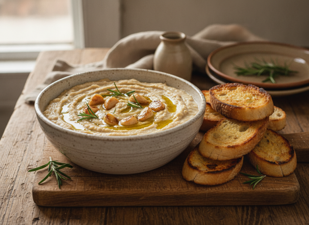 white bean dip in rustic bowl with roasted garlic cloves white bean dip in rustic bowl with roasted garlic cloves