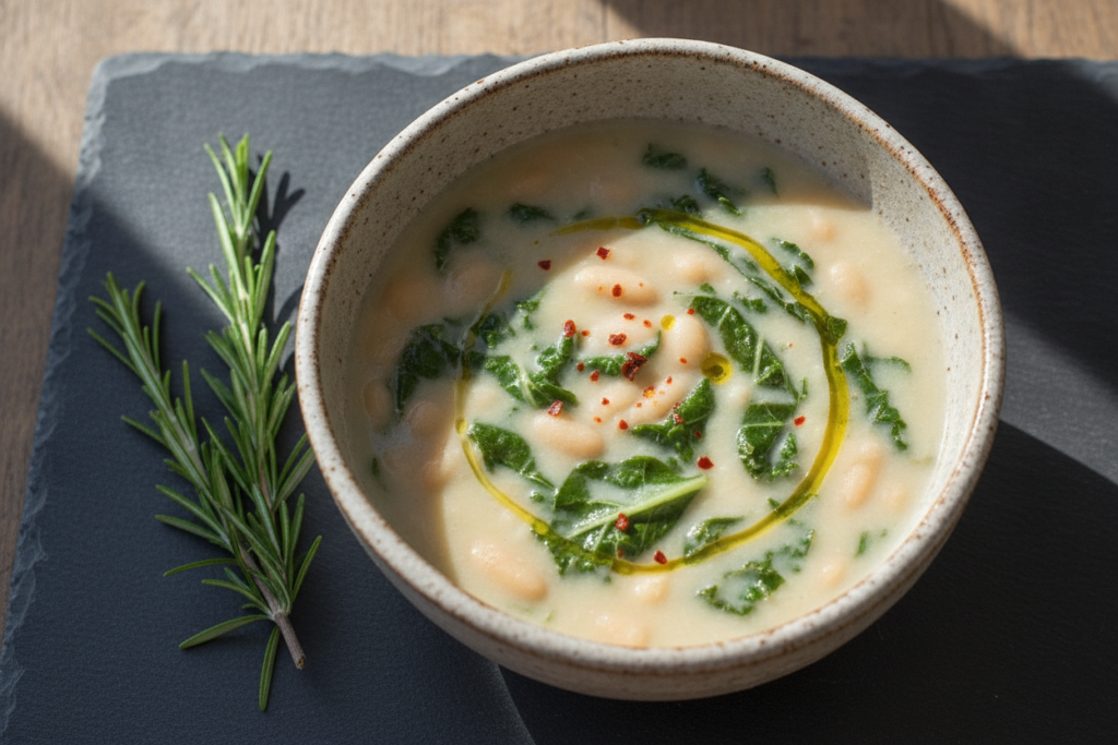 white bean soup with kale in ceramic bowl