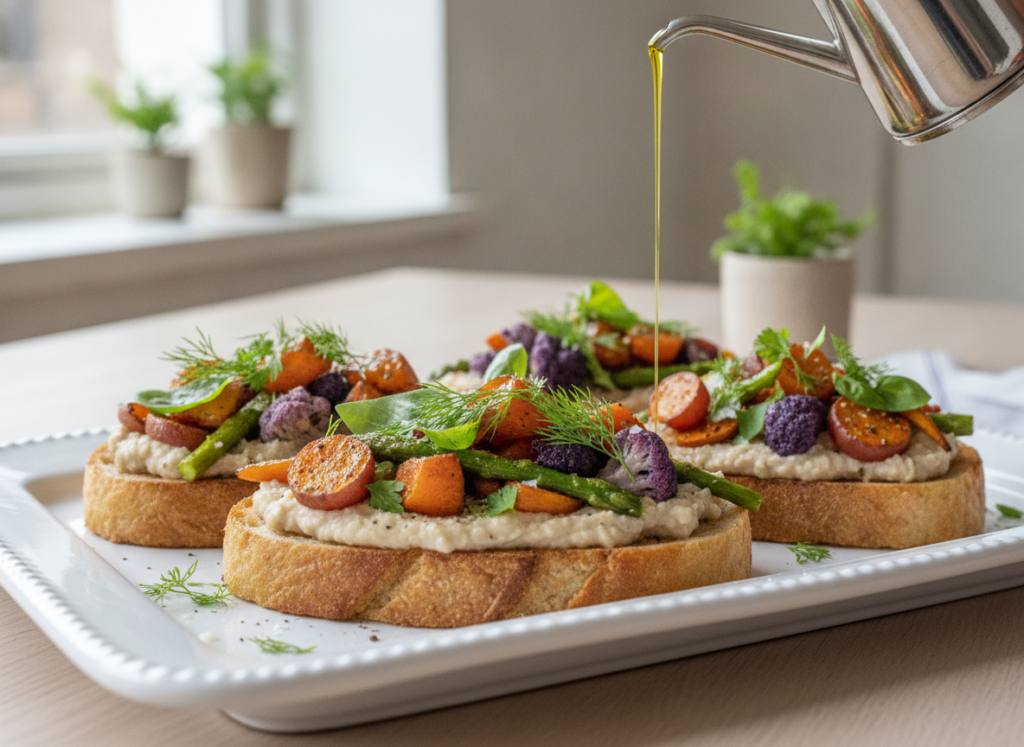 white bean toasts topped with roasted vegetables white bean toasts topped with roasted vegetables