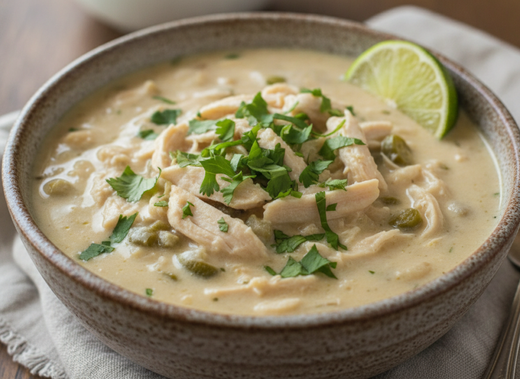 white chicken keto chili in bowl