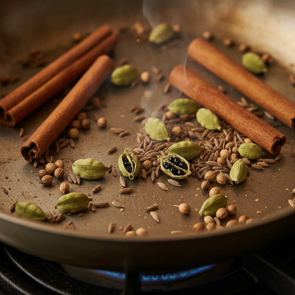 whole spices being toasted in a dry pan for curry whole spices being toasted in a dry pan for curry