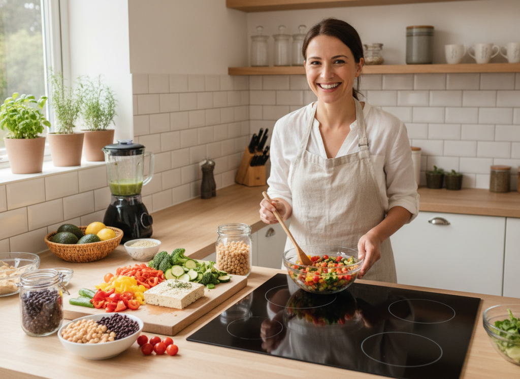 woman preparing healthy vegan meal with various protein-rich ingredients in modern kitchen woman preparing healthy vegan meal with various protein-rich ingredients in modern kitchen