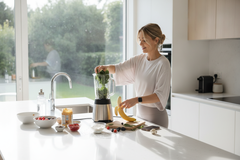 woman preparing quick breakfast in modern kitchen