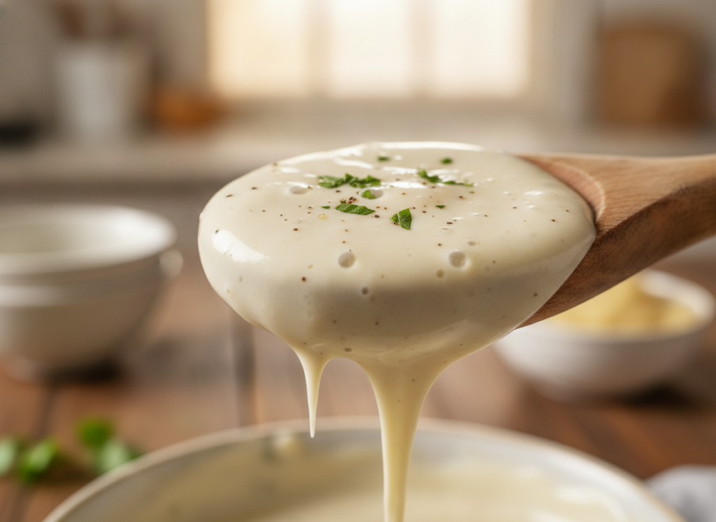 wooden spoon coated with creamy vegan alfredo sauce showing proper consistency wooden spoon coated with creamy vegan alfredo sauce showing proper consistency