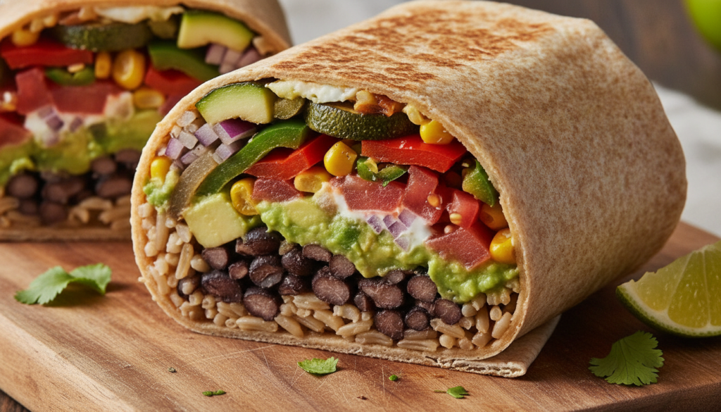 wrapped vegan burrito cut in half wrapped vegan burrito cut in half